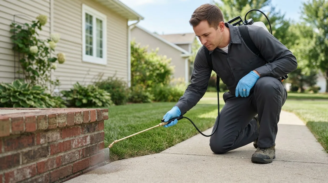 Pest control technician treating a home near Wyoming, IA
