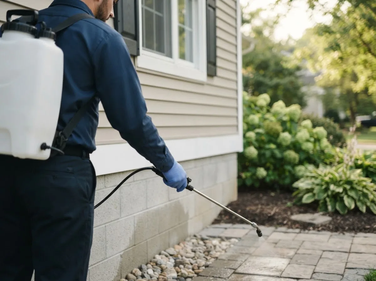Pest control technician inspecting a home in Wyoming, IA